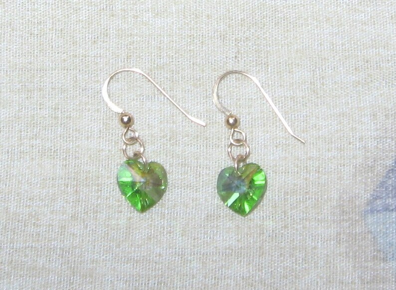 Peridot Swarovski Crystal Heart Dangle Earrings with Gold Filled Ear Wires, August Birthstone, Gift Box Included image 2