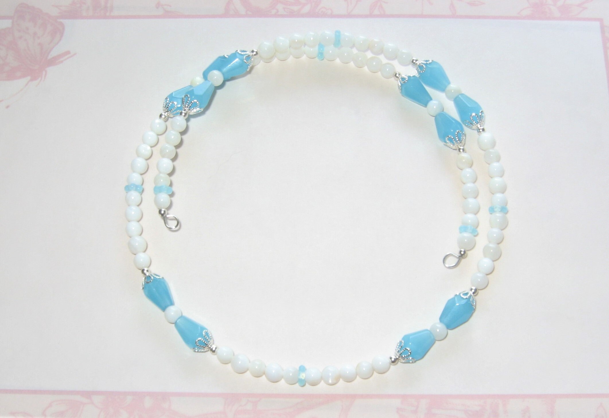 Beautiful Aqua Blue Teardrop and White Mother of Pearl Glass Beaded Memory Wire Choker Necklace, Birthday, Mother's Day, Christmas, Gift Box
