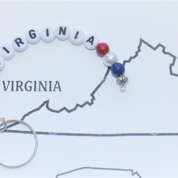 U.S. States Memory Wire Key Chains, Preciosa Red Celestial, White Preciosa, Navy Blue Pearls, All 50 States Beaded Key Chains, Gift Boxed