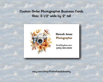 Custom Photographer Business Cards Set #1, Cameraman, Shutterbug, Artist, Watercolor Autumn Floral Cameras, Free Personalization, Sets of 25