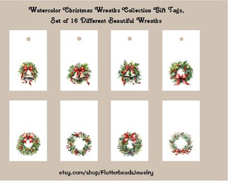 Watercolor Christmas Wreaths Collection Gift Tags, Beautiful Christmas Wreaths, Hanging Tags, Holiday Tags, Sold in Sets of 16 or More