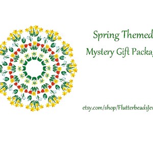 May include: Spring Themed Mystery Gift Package. A colorful floral mandala design with yellow, red, and white flowers. etsy.com/shop/Flutterbeadsjewelry