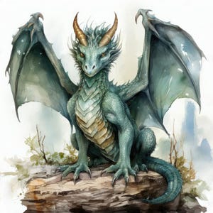 May include: A green dragon with large wings sits on a rock. The dragon has a long tail and sharp claws. The dragon's eyes are yellow and its scales are green.