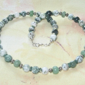 Men&#39;s Tree Agate Green Aventurine and Painted Bone Gemstone Beaded Necklace, Father&#39;s Day, Birthday, Christmas, Free Gift Box Included