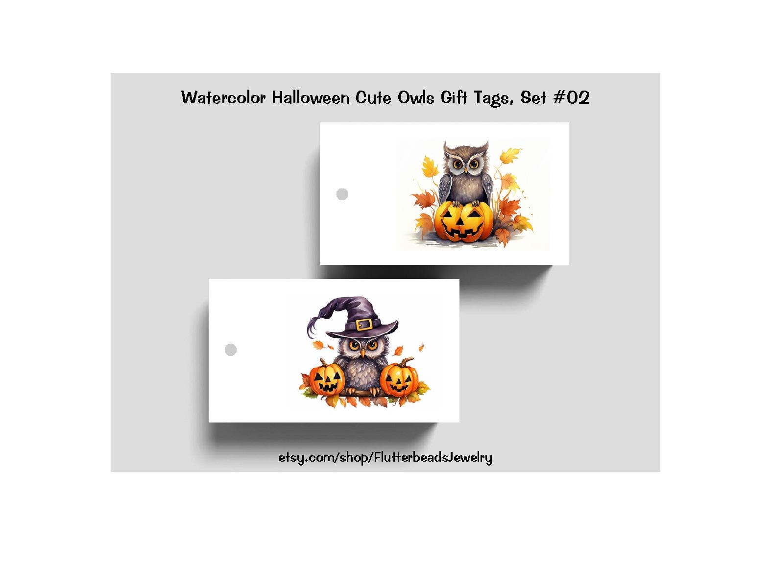 Watercolor Halloween Owls Gift Tags Set #02, Ribbons, Parties, October Birthdays, Sets of 10+