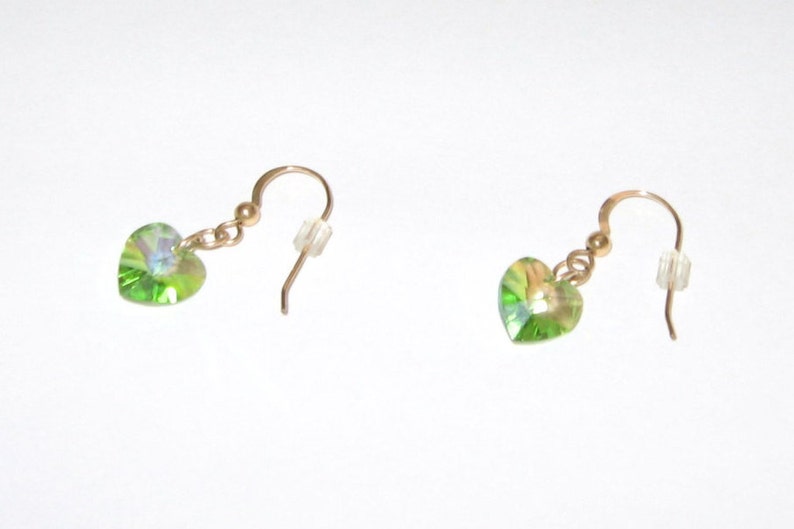 Peridot Swarovski Crystal Heart Dangle Earrings with Gold Filled Ear Wires, August Birthstone, Gift Box Included image 5