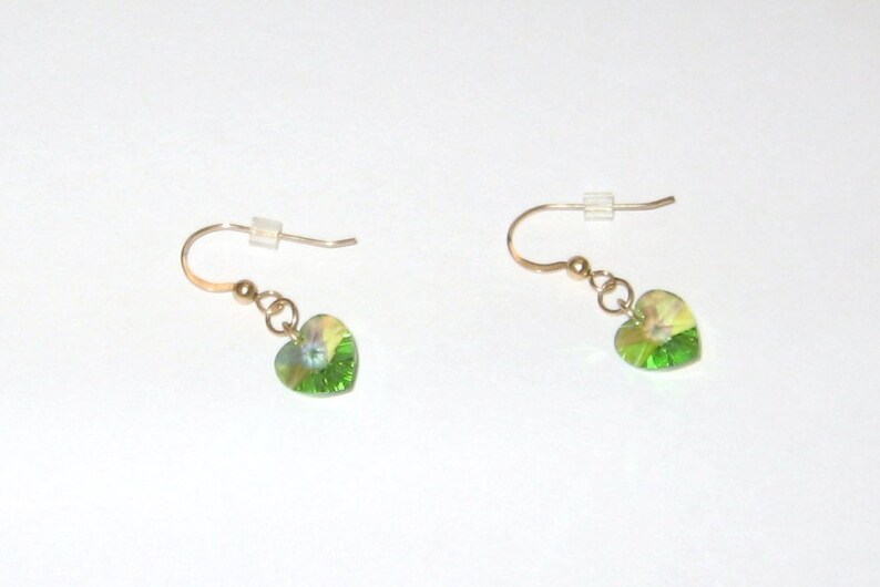 Peridot Swarovski Crystal Heart Dangle Earrings with Gold Filled Ear Wires, August Birthstone, Gift Box Included image 4