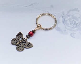 Antique Bronze Butterfly and Red Pearl Key Chain, Birthday, Christmas, Mother's Day, Gift Boxed