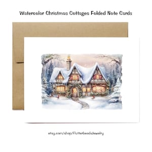 Watercolor Christmas Cottages Folded Note Cards & Gift Tags SET #01, 10 Beautiful Cottages, White or Kraft Brown Envelopes, Sets of 10+