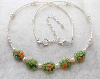 Green Millefiori White Swarovski Crystal Pearl Necklace & Earrings Set, Delica Seed Beads Necklace, A Thousand Flowers Necklace, Gift Box