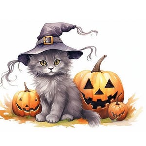Watercolor Halloween Cats Gift Tags Set #02, Party Gift Tags with Ribbons, Halloween Parties, October Birthdays, Boxed Sets of 10 or more