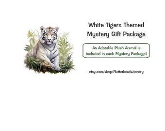 White Tigers Themed Mystery Gift Package, Jewelry, Figurines, Plush Animals, Note Cards, Tote Bags