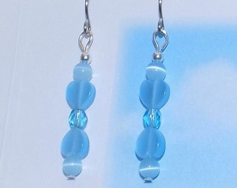 Baby Blue Cat's Eye Hearts and Glass Earrings, Birthdays, Christmas, Easter, Graduation, Mother's Day, Valentine's Day, Gift Box Included