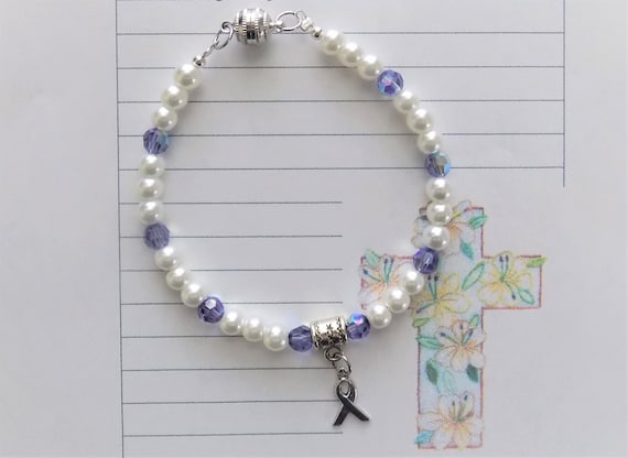 ESOPHAGEAL CANCER Awareness Bracelet, Tanzanite Crystals, White Glass Pearls, Stomach Cancer, GERD, Donations