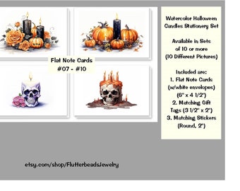 Watercolor Halloween Candles Stationery Set, Flat Note Cards, Gift Tags, Stickers, One or All 3, Halloween Parties, Sets of 10 or more