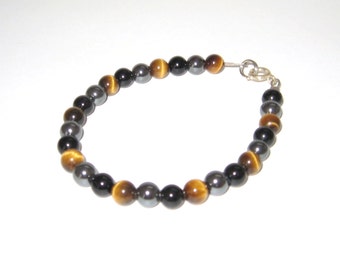 Black Onyx, Brown Tiger Eye & Hematite Gemstone Beaded Bracelet, Unisex Bracelet, Birthdays, Mothers Day, Fathers Day, Christmas, Gift Boxed