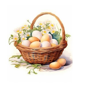 May include: A watercolor illustration of a woven basket filled with white and brown eggs and white flowers. The basket has a handle and is sitting on a white background. Several eggs are outside the basket.