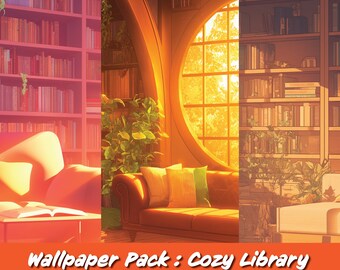 Gemütliche Bibliothek Computer Wallpaper Pack, Lofi Ästhetik, warme gemütliche Vibes. Drei Wallpapers inklusive!