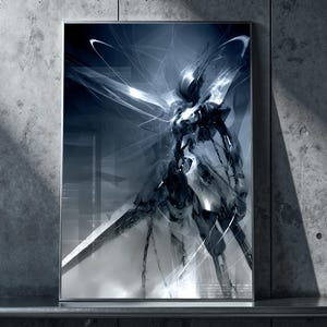 Cyberpunk Mech Angel Poster - Dark Sci Fi Robot Art Print, Blue Futuristic Wall Decor