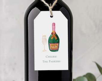 Personalized Wine Gift Tag, Watercolor Champagne Bottle, Hostess Favor