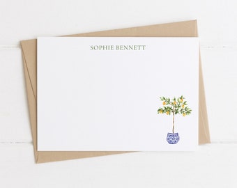 Personalized Note Cards, Set, Stationery, Flat Note Cards, Lemon Tree, Lemons, Chinoiserie