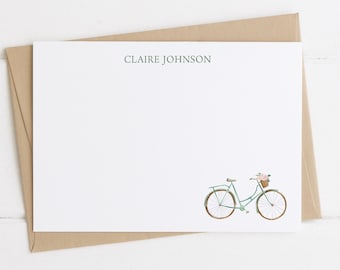 Bicycle Note Cards, Personalized Note Cards, Set, Stationery, Flat Note Cards, Bicycle with Basket of Flowers