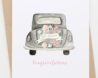 Wedding Card, Vintage Car Wedding, Just Married Card, Watercolor, Vintage Car, Congratulations on your wedding card