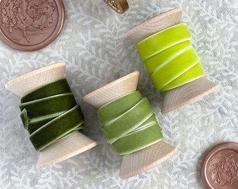 Green Velvet Ribbon Styling Kit, 3 colors, Velvet Ribbon Spools, Flat Lay Props