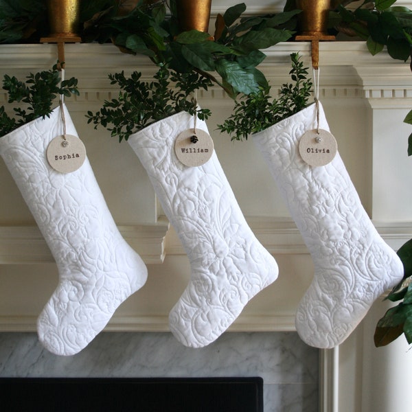 White Christmas Stocking, Personalized Tag, White Stocking, White Christmas, Quilted Christmas Stocking, Personalized Stocking