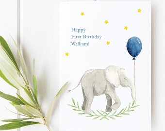 Boy's Birthday Card, Personalized Birthday Card, First Birthday Card, Child's Birthday Card, Baby Elephant, Happy Birthday Card
