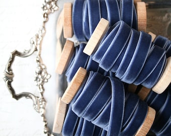 Slate Blue Velvet Ribbon, 3/8" • 1/2", Slate Velvet Ribbon, Velvet Ribbon Spool, Blue Velvet Ribbon