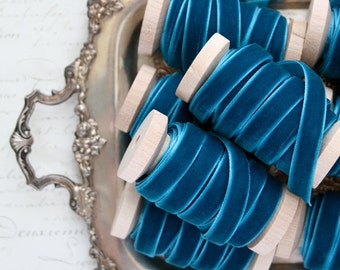 Teal Velvet Ribbon, 3/8" •  1/2" • 5/8" •  1", Peacock Velvet Ribbon, Velvet Ribbon Spool, Teal Ribbon