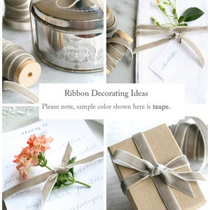 May include: A collection of gift wrapping ideas using a taupe velvet ribbon. The ribbon is tied around a box, a napkin, and a menu card. The ribbon is also wrapped around a spool and a silver container.