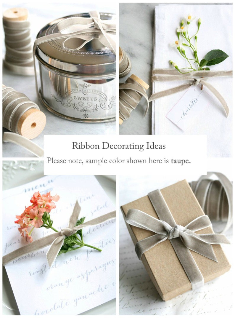 May include: A collection of gift wrapping ideas using a taupe velvet ribbon. The ribbon is tied around a box, a napkin, and a menu card. The ribbon is also wrapped around a spool and a silver container.
