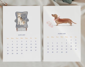 2024 Dog Calendar, Assorted Dogs, Desk Calendar Gold Stand, Watercolor, Seasonal Calendar, Dog Breed Calendar