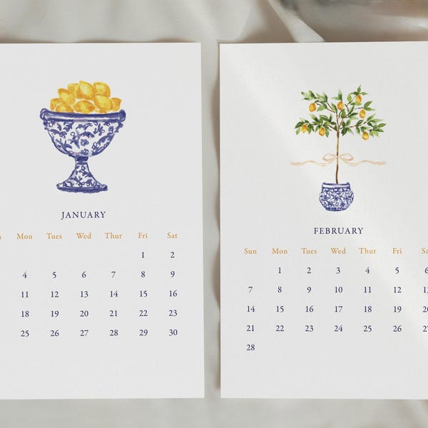 2027 Chinoiserie Desk Calendar: Tuscany Watercolor Designs, Topiaries, Lemons