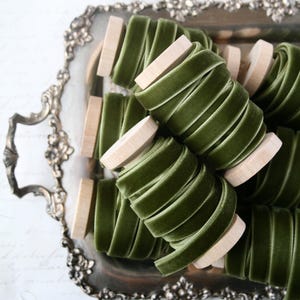 Olive Velvet Ribbon, 3/8&quot; •  1/2&quot; • 1&quot;, Green Velvet Ribbon, Velvet Ribbon Spool, Moss Velvet Ribbon, Olive Ribbon, Christmas Ribbon