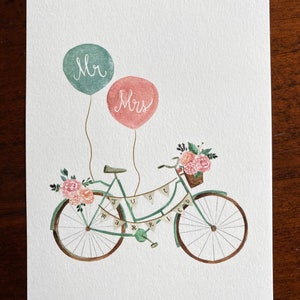 Wedding Card,  Engagement Card, Bicycle, Balloons, Watercolor Card,  Just Married Card
