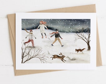Christmas Card, Natural Christmas, Winter Scene, Woodland Scene, Skating Christmas Card, Woodland Animals, Season's Greeting Card, Winter