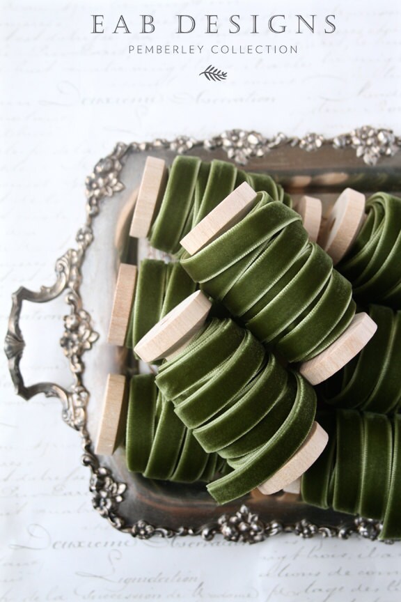 Olive Velvet Ribbon, 3/8" •  5/8" • 1", Green Velvet R…
