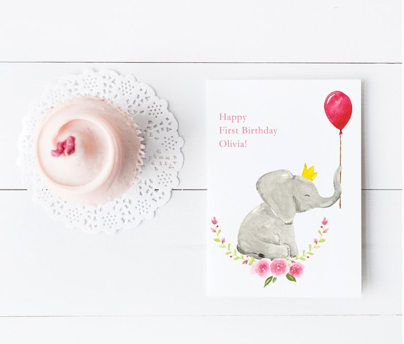 Personalized Birthday Card, First Birthday Card, Girl's Birthday Card, Child's Birthday Card, Baby Elephant, Happy Birthday Card image 1