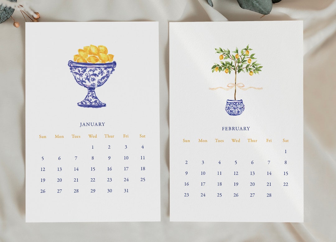2025 Desk Calendar, Chinoiserie Desk Top Calendar, Topiaries, Lemons
