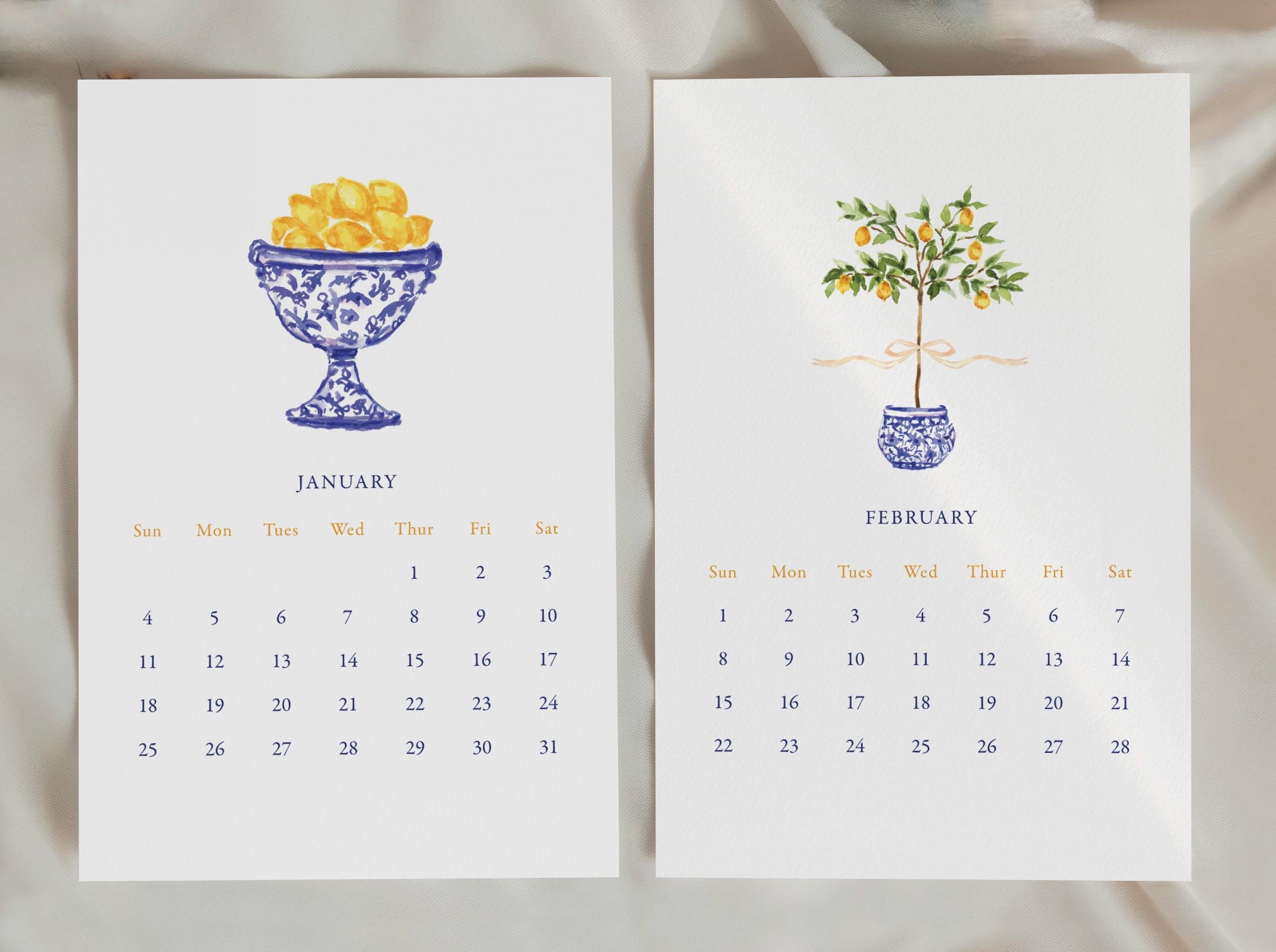 2026 Desk Calendar, Chinoiserie Desk Top Calendar, Topiaries, Lemons, Lavender, Hydrangeas, Tuscany, Desk Calendar Gold Stand, Watercolor