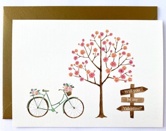 Valentine's Day Cards, Floral, Bicycle, Valentine Day Card, Watercolor Card, Will you be my Valentine?