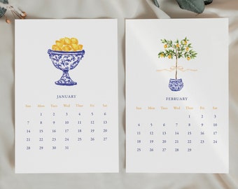 2024 Desk Calendar, Chinoiserie Desk Top Calendar, Topiaries, Lemons, Lavender, Hydrangeas, Tuscany, Desk Calendar Gold Stand, Watercolor