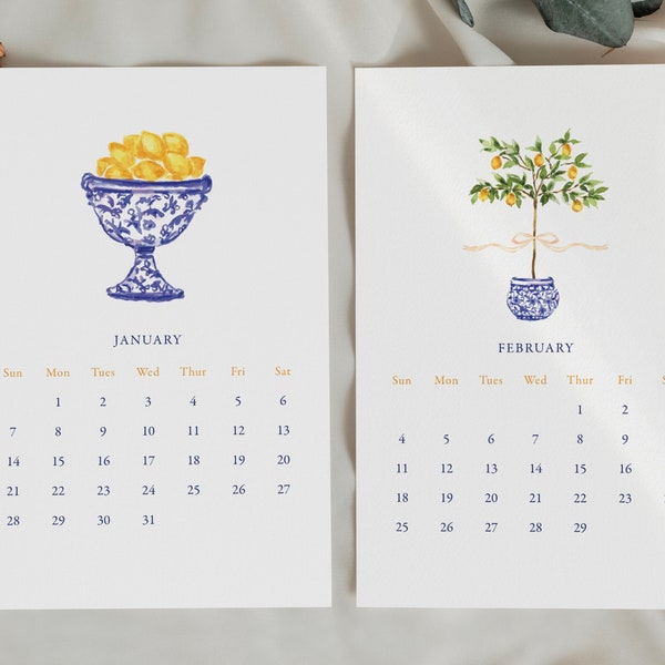 2024 Desk Calendar, Chinoiserie Desk Top Calendar, Topiaries, Lemons, Lavender, Hydrangeas, Tuscany, Desk Calendar Gold Stand, Watercolor