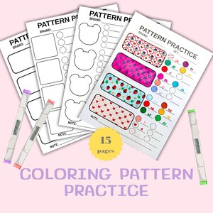 May include: A set of 15 coloring pattern practice sheets featuring blank templates and one completed example page with floral, strawberry, and heart designs. Three markers with colored caps are included alongside the white paper sheets.