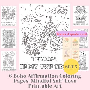 6 Boho Affirmation Coloring Pages – Mindful Self-Love Printable Art | Positive Quote Coloring Sheets for Adults & Teens