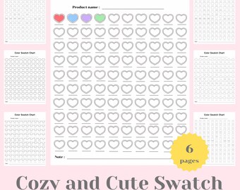 May include: Six printable color swatch charts with heart-shaped spaces for color samples. Each chart has the title "Color Swatch Chart" and space for a product name and notes. The charts are designed for use with paint, yarn, or other crafting supplies.