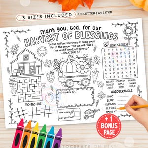 Set de table imprimable pour une activité biblique sur le thème de Thanksgiving, coloriage d'automne pour l'école du dimanche chrétienne pour enfants, verset biblique, format numérique
